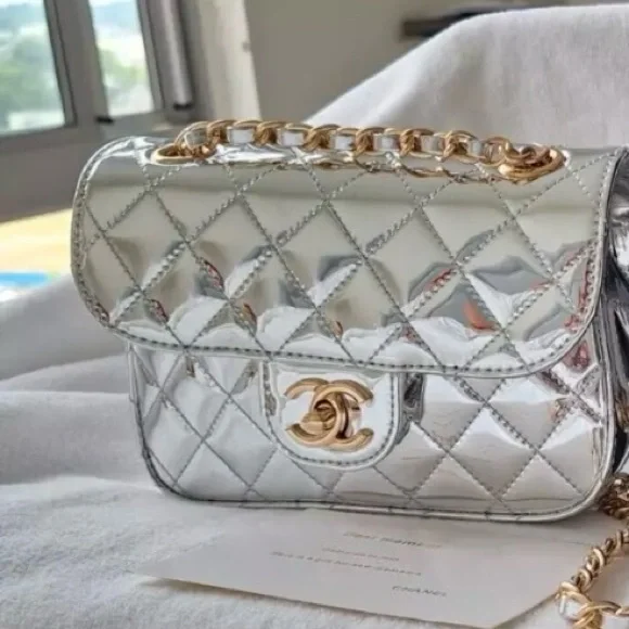 Chanel Makeup Mirror Silver Top Handle Quilted Women's Bag with Gold Hardware - Picture 1 of 6